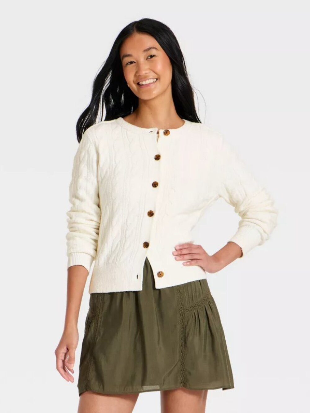 Women's Heritage Cable Crewneck Cardigan - Universal Thread™ Cream S